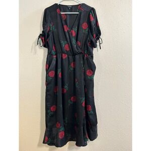 Witchy Torrid Whimsigoth Black Red  Floral Satin Wrap Dress Plus Size 0 L 12